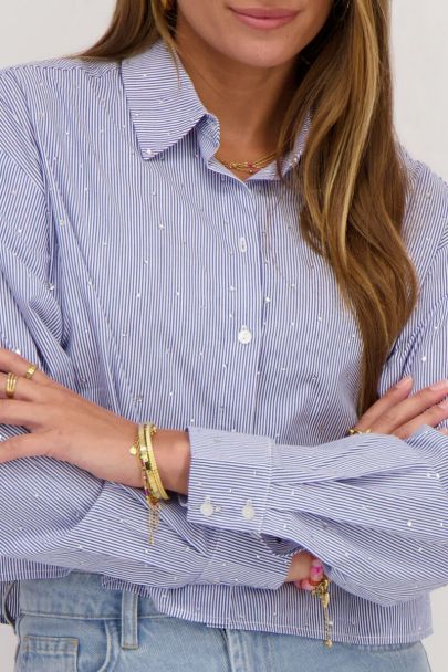 Blue & white striped cropped blouse with rhinestones