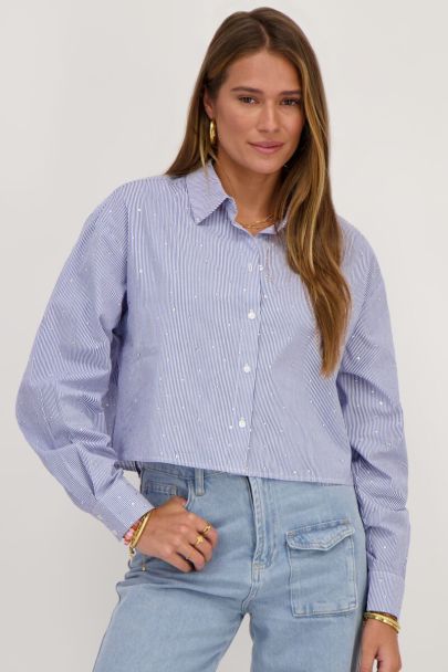 Blauw-wit gestreepte cropped blouse met strass 