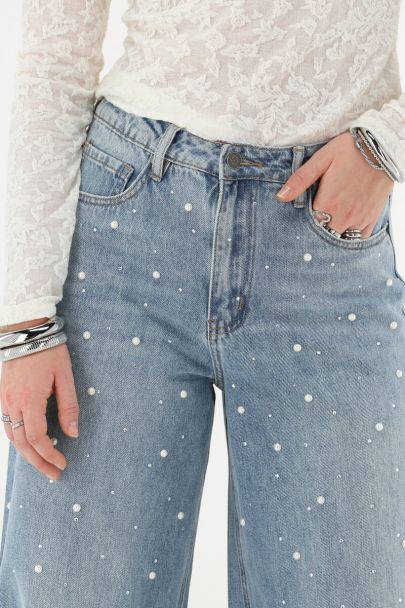 Blauwe wide leg jeans met imitatieparels en strass