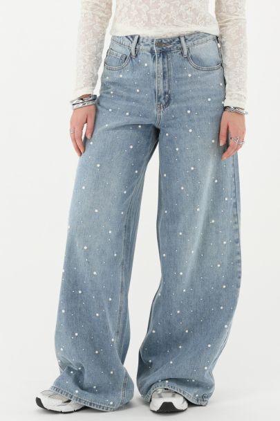 Blauwe wide leg jeans met imitatieparels en strass