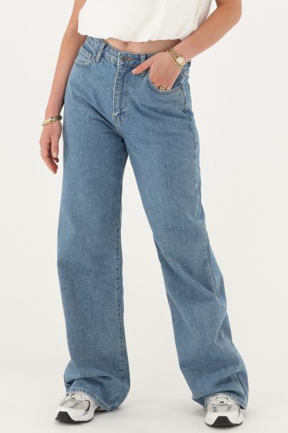 Blue wide leg jeans with rhinestones
