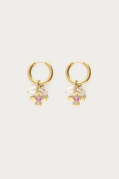 Botanical Statement Creolen mit Blumen und pinkem Strassstein