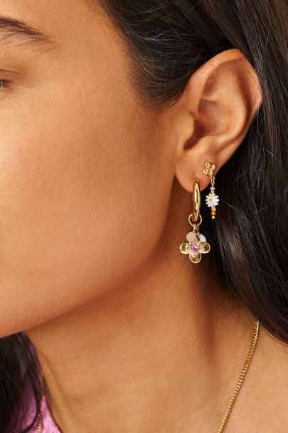 Botanical statement oorringen met bloem en roze strass steen