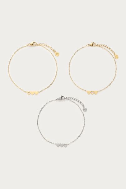 Armbanden set hartjes twee goudkleurig en zilverkleurig