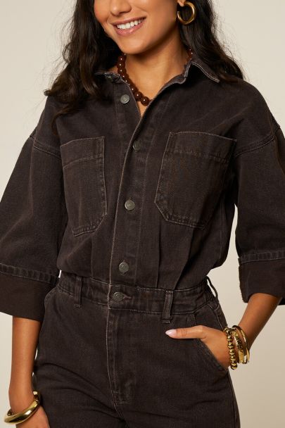 Bruine denim jumpsuit met korte mouwen