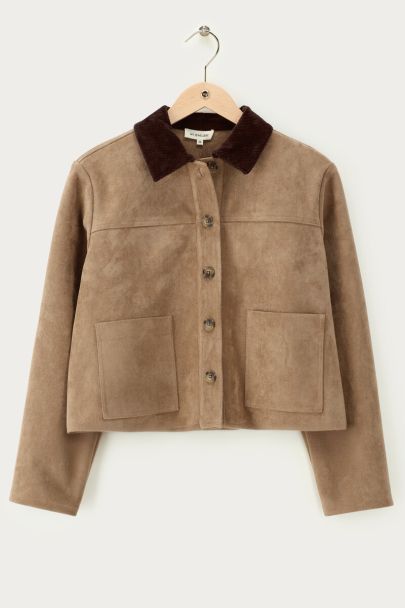Bruine jas in suède look met corduroy kraag