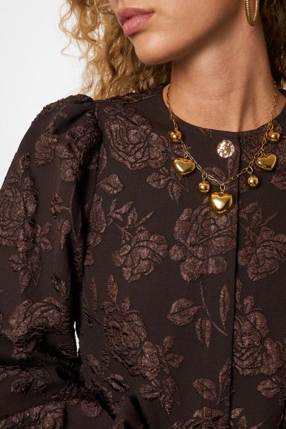 Bruine jacquard top met lange pofmouwen