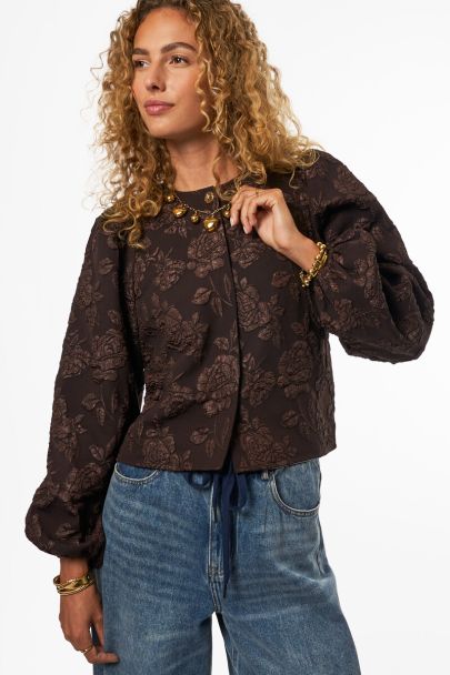 Bruine jacquard top met lange pofmouwen