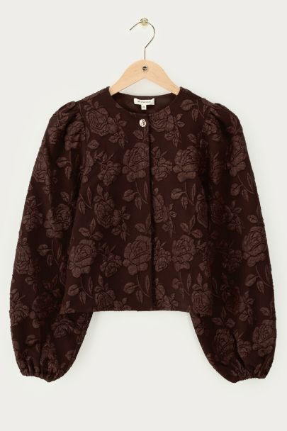 Bruine jacquard top met lange pofmouwen