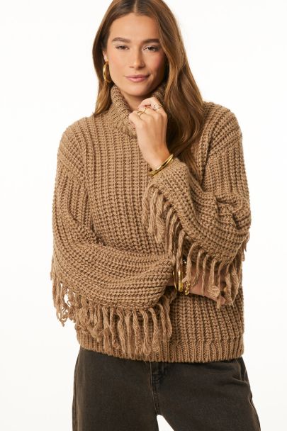Brauner Oversized-Strickpullover mit Fransen