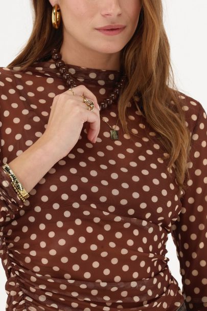 Bruine mesh top met polkadot