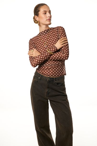 Bruine mesh top met polkadot