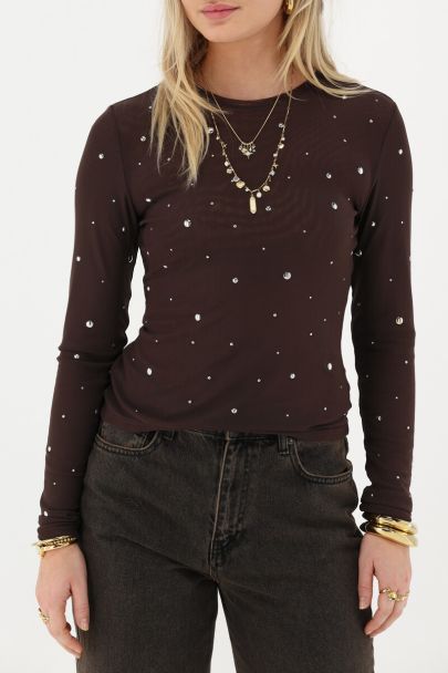 Bruine mesh top met zilverkleurige studs