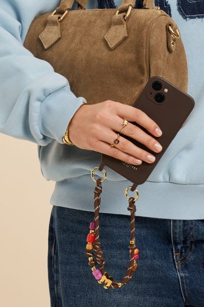 Cordon de t&eacute;l&eacute;phone en corde marron avec initiales et perles fantaisie