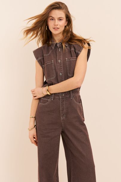 Bruine mouwloze denim jumpsuit