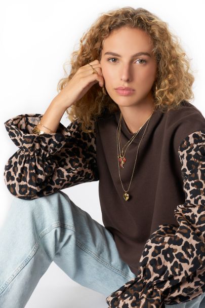 Brown sweater with leopard print sleeves