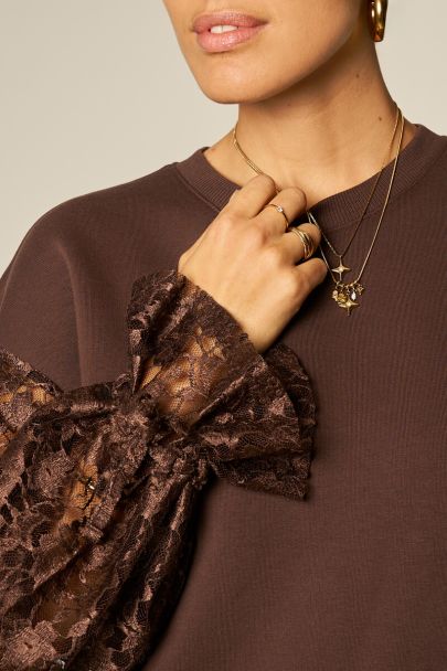 Sweat marron à manches longues en dentelle