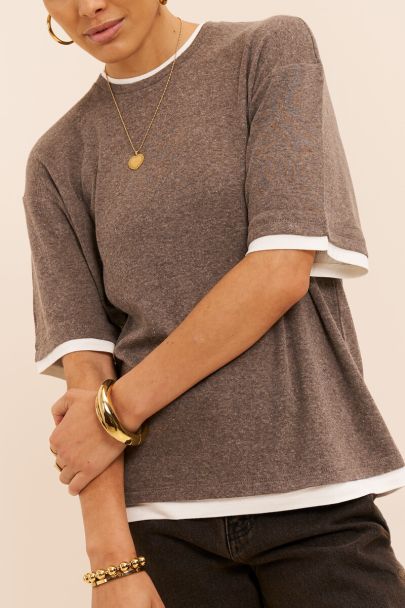 Top effet double marron &agrave; manches courtes