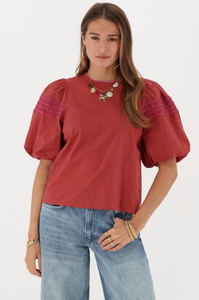 Brown top with short puff sleeves & embroidery