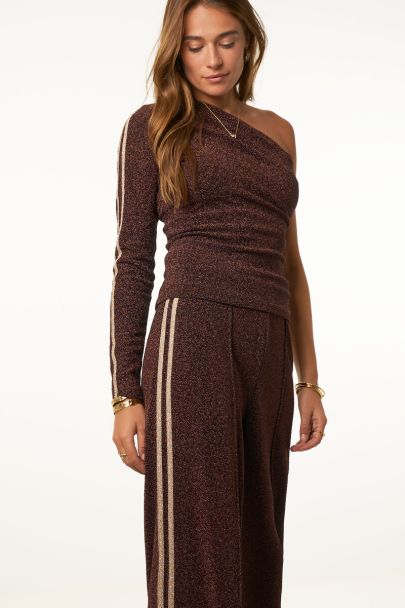Pantalon large en lurex marron avec bandes latérales