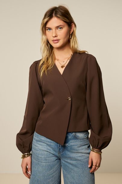 Brown top with overlap and long puff sleeves