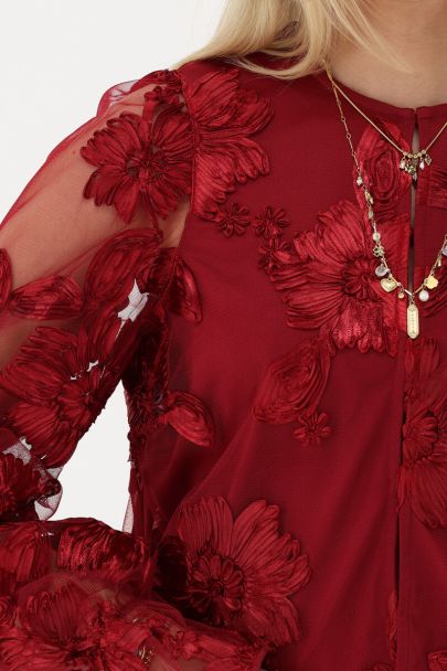 Burgundy mesh top met bloemen en cuff