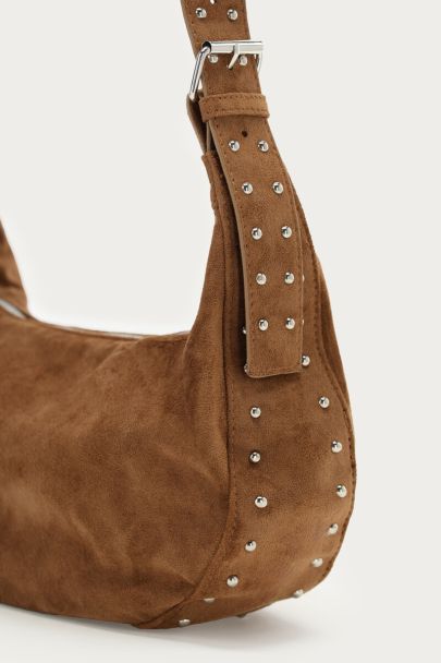 Camel crossbody tas in suède look met studs