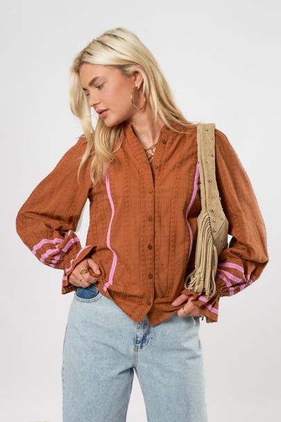 Cognac embroidery blouse with side stripes