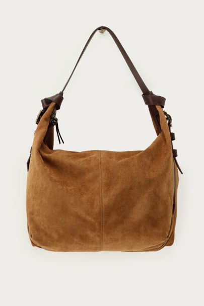 Cognac schoudertas in suède look met gesp