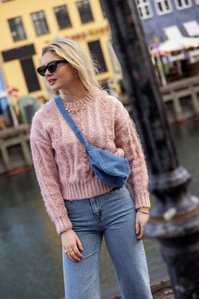 Pink cable knit sweater with lace