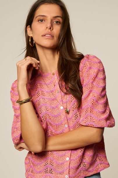 Top corail &agrave; imprim&eacute; et boutons nacr&eacute;s