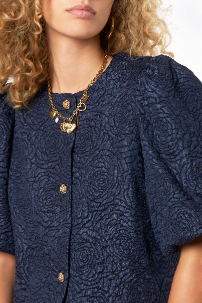 Donkerblauwe jacquard top met rozen
