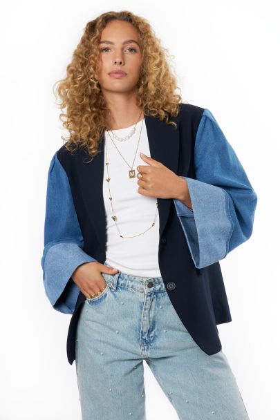 Dark blue oversized blazer with denim sleeves