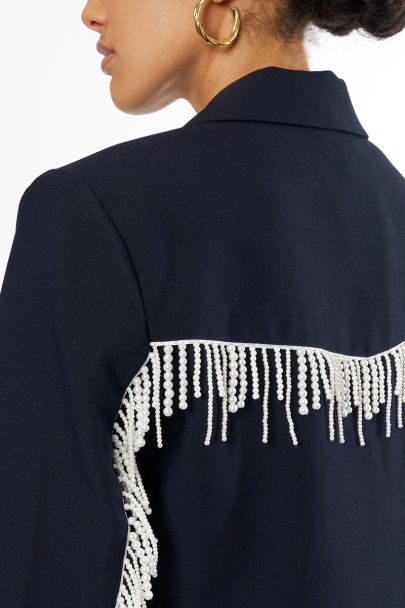 Dark blue cropped blazer with imitation pearls