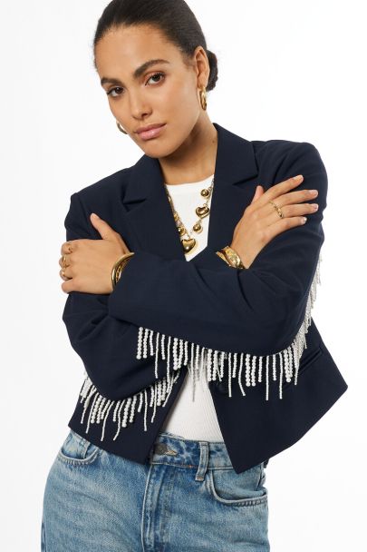 Dark blue cropped blazer with imitation pearls