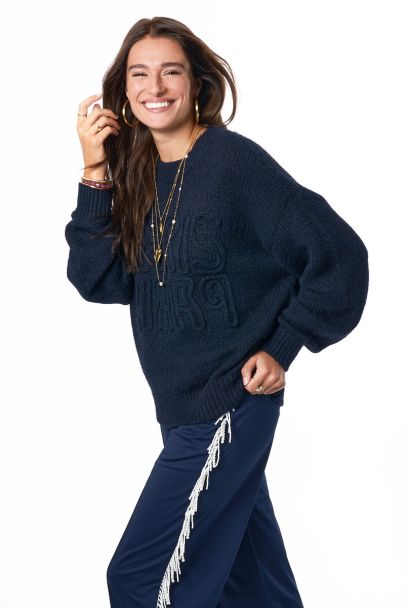 Pull brodé bleu foncé "Paris Paris"