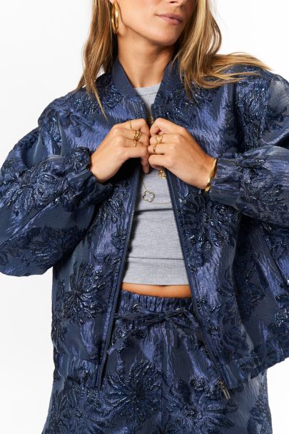 Donkerblauwe jacquard bomber