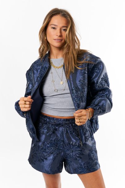 Donkerblauwe jacquard bomber