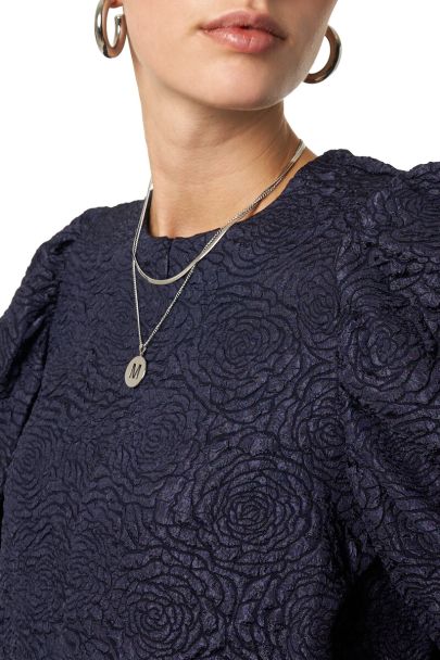 Donkerblauwe jacquard jurk met pofmouwen