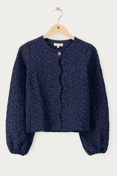 Donkerblauwe jacquard top met knoopsluiting