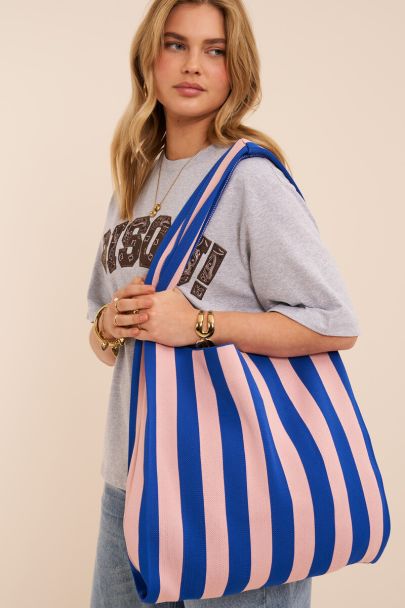 Dark blue large tote bag with pink stripes