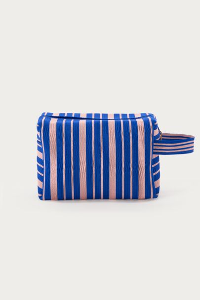 Dark blue toiletry bag with pink stripes