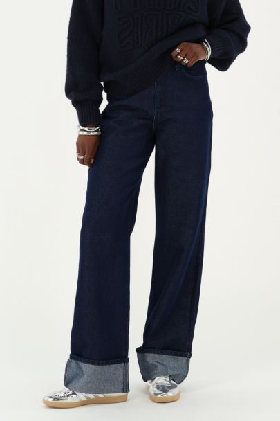 Dark blue turn up wide leg jeans with rhinestones