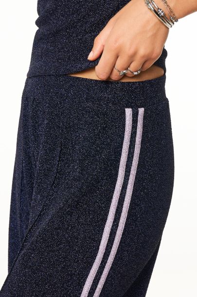 Pantalon large en lurex bleu foncé avec bandes latérales