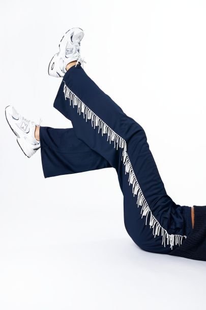 Donkerblauwe wide leg broek met imitatieparels