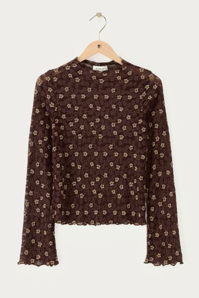 Donkerbruine kanten top met bloemenprint