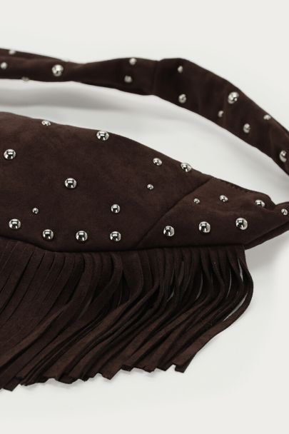 Donkerbruine schoudertas met franjes en studs