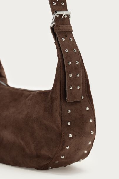Donkerbruine crossbody tas in suède look met studs