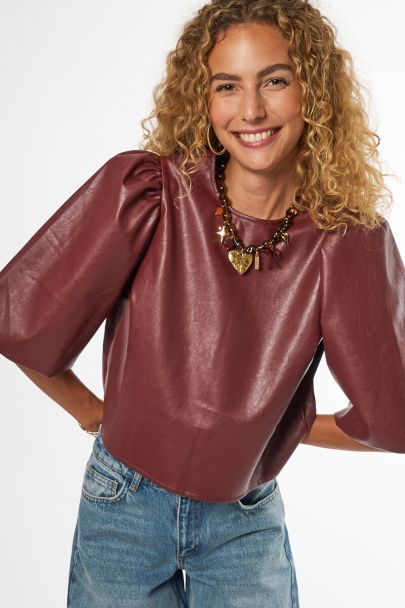 Donkerrode PU top met korte mouwen
