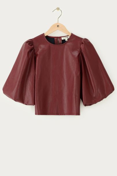 Dark red PU top with short sleeves